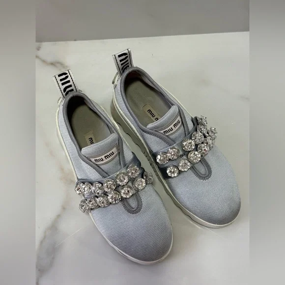 Miu Miu Grey Crystal Embellished Slip-On Sneakers Size 36.5 - Picture 4 of 14